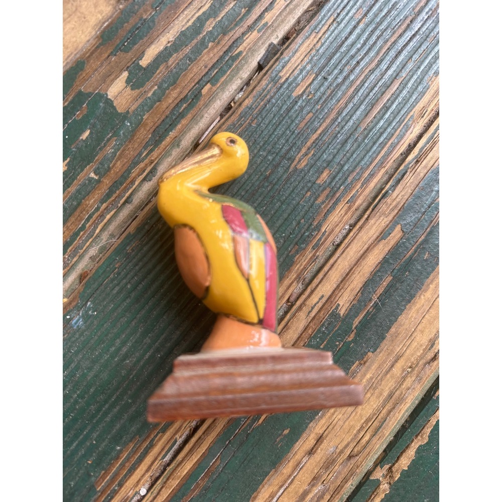 Vintage Pelican Figurine Hand Painted Ceramic Bird on Wood Base Coastal Decor
